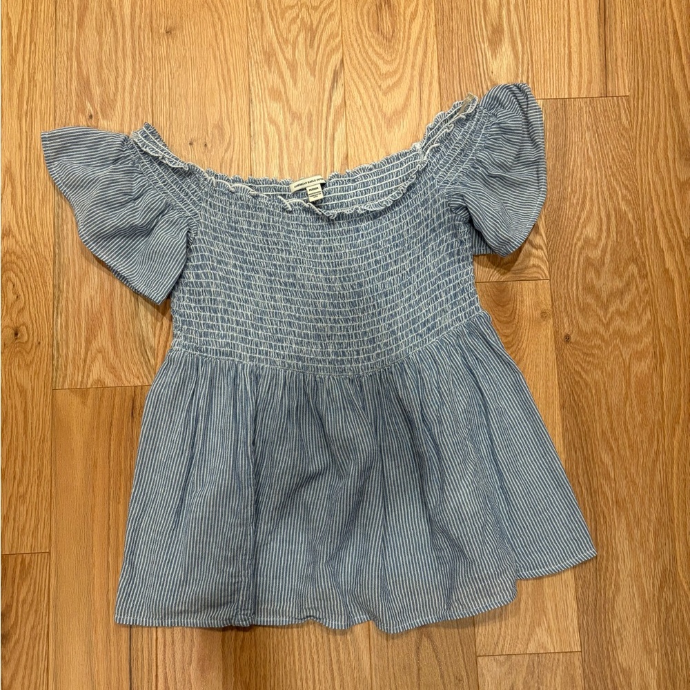American Eagle White Blue Off-Shoulder Smocked Top Medium